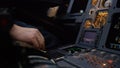 Panel of switches on an aircraft flight deck. Autopilot control element of an airliner. Pilot controls the aircraft