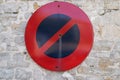 Panel vehicle no parking sign french forbidden parked car and stop area old vintage road sign Royalty Free Stock Photo