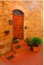 A paneled wood door in a stone house with potted plants and flowers in a Tuscan hill town
