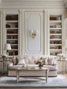 Paneling walls with moldings and cornices in classic room. Interior design of neoclassical living room with bookshelves