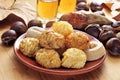 Panellets and roasted chestnuts and sweet potatoes Royalty Free Stock Photo