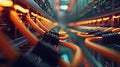 Panels of a modern data center with rows of server racks. Network cables in orange are connected to backlit connectors