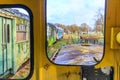 Old passenger carriage seen through window on blurred background Royalty Free Stock Photo