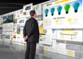 panels with websites(yellow), dark background, business man looking the panels