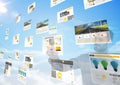 panels with websites(yellow) in the sky in front of a man doing things on it Royalty Free Stock Photo