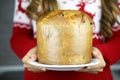 Panettone brought to the table by an unidentified defocused girl. Unidentified woman holding Panettone traditional Italian cake Royalty Free Stock Photo
