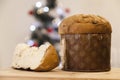 Panettone slice with Christmas tree and blurry lights flashing in the background