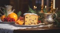 Panettone traditional Italian fruitcake. Cake is sliced into appetizing portions, arranged on vintage porcelain plates