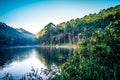 Romantic morning scenery of Huai Pang tong Reservoir and pine forests at Pang Oung,Pang Tong Royal Development Project,Ban Ruam Th Royalty Free Stock Photo