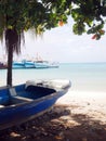 Panga fishing boat on shore Brig Bay Big Corn Island Nicaragua C