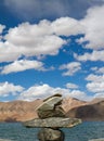 Pangong Tso mountain lake panorama with Buddhist stupas