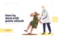 Panic attack dealing concept of landing page with doctor helping fainting female