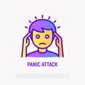 Panic attack thin line icon: man feeling anxiety and touching his head. Modern vector illustration of neurosis symptom Royalty Free Stock Photo