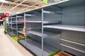 Panic buying caused by the coronavirus health emergency results in empty supermarket shelves in an ASDA store in the UK