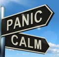 Panic Or Calm Signpost Showing Chaos Relaxation And Rest Royalty Free Stock Photo