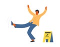 Panic falling man, yellow triangular wet floor caution sign flat style Royalty Free Stock Photo