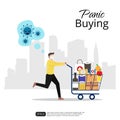 Panic shopping concept. Man with face mask running with full cart buying all groceries he can find in supermarket. COVID-19 Royalty Free Stock Photo