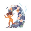 Panicked girl running away from information wave. Stressed person overloaded by information vector illustration