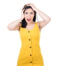 Panicking young woman stare to you, isolated on white background. Mistake. Bad news