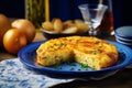 panish omelette with potatoes and onion, typical Spanish cuisine. Tortilla espanola. AI generated.