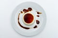 Panna Cotta with caramel sauce on a white plate. Delicious italian dessert Royalty Free Stock Photo