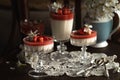Panna cotta in a cup with fresh strawberry on the top and cherry blosoms Royalty Free Stock Photo