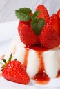 Panna cotta dessert with fresh strawberries close-up