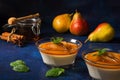 Panna cotta with poached pears in honey and rum syrup Royalty Free Stock Photo