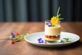 panna cotta with mint leaf, berry compote, glass backdrop