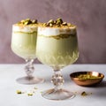 Panna cotta with pistachios in a glass. Selective focus.