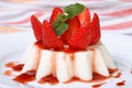 Panna cotta with strawberries and mint, with berry syrup
