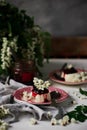 Pannacotta with acacia flowers and cherry sauce Royalty Free Stock Photo