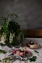 Pannacotta with acacia flowers and cherry sauce Royalty Free Stock Photo