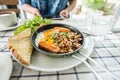 Panned egg on a white dish Royalty Free Stock Photo