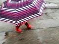 Panned image with a little girl walking in the rain with a big colored umbrella and red rubber boots Royalty Free Stock Photo