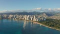 Panning aerial drone slowly flying over a colorful Honolulu Skyline while Sunset in Oahu, Hawaii with Waikiki Beach Royalty Free Stock Photo