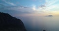 Panning aerial view of mediterranean sea Salina volcano mountain and Pollara town.Nature outdoors travel establisher