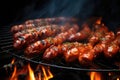 panning shot of sausages over glowing charcoals