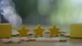 Panning shot of three yellow star customer review satisfaction feedback survey data for shrewd.