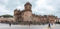 Pano of the cathedral of Cusco and the streets full of tourists