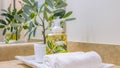 Pano frame Tray with face towels hand soap and potted plant inside a clean bathroom Royalty Free Stock Photo