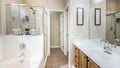 Pano Interior of a bathroom with craftsman's style vanity Royalty Free Stock Photo