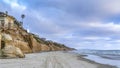 Pano Ocean front houses with view of sandy beach and blue sea water in San Diego CA Royalty Free Stock Photo