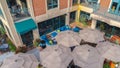 Pano Off season in Park City Utah with aerial view of commercial restaurant building Royalty Free Stock Photo