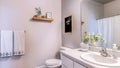 Pano Toilet beside vanity unit with sink mirror and white cabinets inside bathroom Royalty Free Stock Photo