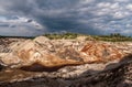 Panorama of abandoned clay quarry with bloody water