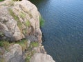 Panorama of blooming spring nature on the rocky shores of the Dnieper island of Khortytsia. Royalty Free Stock Photo