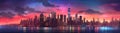 Panorama of an abstract evening large metropolis with skyscrapers on the ocean.