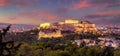 Panorama of The Acropolis of Athens, Greece, with the Parthenon Temple with lights during sunset. Athens, Greece, Europe Royalty Free Stock Photo