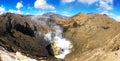 Panorama of Active Bromo volcano mountain crater hole erupt with sulfur gas and smoke at Indonesia Bromo national park